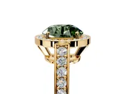 Bezel-Framed Halo Engagement Ring Setting for Fancy Green Round Cut Center with Pave Band and Prong Head in Yellow Gold