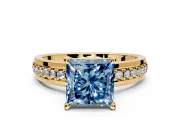 Solitaire Engagement Ring Setting for Fancy Blue Princess Cut Center with Raised Channel Band and Prong Head in Yellow Gold