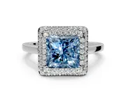 Halo Engagement Ring Setting for Fancy Blue Princess Cut Center with Plain Tapered Band and Prong Head in Platinum