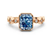Milgrain Bezel Engagement Ring Setting for Fancy Blue Radiant Cut Center with Marquise Stations and Bezel Head in Rose Gold