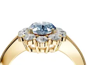 Halo Engagement Ring Setting for Fancy Blue Oval Center with Milgrain Channel Band and Prong Head in Yellow Gold