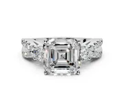 3 Stone Engagement Ring Setting for Asscher Cut Center with Pave Split Shank and Prong Head in Platinum