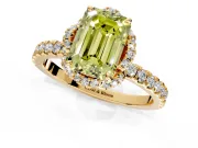 Halo Engagement Ring Setting for Fancy Yellow Emerald Cut Center with Openwork Halo, Pave Band and Prong Head in Yellow Gold