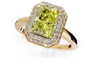 Halo Engagement Ring Setting for Fancy Yellow Radiant Cut Center with Plain Tapered Band and Prong Head in Yellow Gold