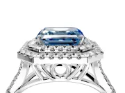 Double Halo Engagement Ring Setting for Fancy Blue Asscher Cut Center with Narrow Pave Split Shank and Prong Head in Platinum