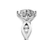 Solitaire Engagement Ring Setting for Round Cut Center with Accented Twist Band and Leaf Prong Head in Platinum