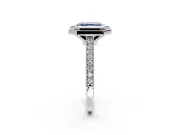 Halo Engagement Ring Setting for Fancy Blue Asscher Cut Center with Milgrain Pave Band and Bezel Head in Platinum