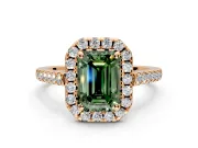 Halo Engagement Ring Setting for Fancy Green Emerald Cut Center with Raised Halo, Pave Band and Prong Head in Rose Gold