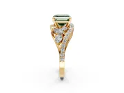Halo Engagement Ring Setting for Fancy Green Asscher Cut Center with Marquise and Pave Bypass Band and Prong Head in Yellow Gold