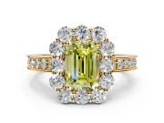 Halo Engagement Ring Setting for Fancy Yellow Emerald Cut Center with Milgrain Channel Band and Prong Head in Yellow Gold