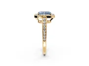 Bezel-Framed Halo Engagement Ring Setting for Fancy Blue Radiant Cut Center with Pave Band and Prong Head in Yellow Gold