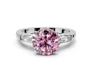 3 Stone Engagement Ring Setting for Fancy Pink Round Cut Center with Tapered Baguettes, Plain Band and Prong Head in Platinum