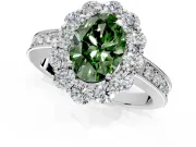 Halo Engagement Ring Setting for Fancy Green Oval Center with Milgrain Channel Band and Prong Head in White Gold