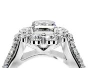 Large Accent Halo Engagement Ring Setting for Emerald Cut Center with Pave Split Shank and Prong Head in Platinum