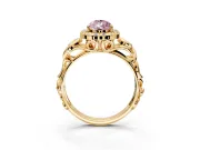 Halo Engagement Ring Setting for Fancy Pink Pear-Shaped Center with Open Scroll Shoulders and Prong Head in Yellow Gold