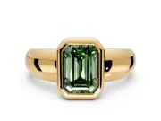 Solitaire Engagement Ring Setting for Fancy Green Emerald Cut Center with Wide Band and Bezel Head in Yellow Gold