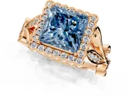 Halo Engagement Ring Setting for Fancy Blue Princess Cut Center with Leaf Motif Split Shank and Prong Head in Rose Gold