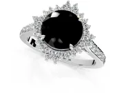 Sunburst Halo Engagement Ring Setting for Fancy Black Round Cut Center with Pave Band and Prong Head in Platinum