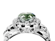 Halo Engagement Ring Setting for Fancy Green Oval Center with Open Scroll Shoulders and Prong Head in Platinum