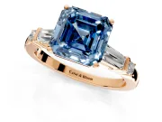 Bar-Set Engagement Ring Setting for Fancy Blue Asscher Cut Center with Tapered Baguette Accents and Prong Head in Rose Gold