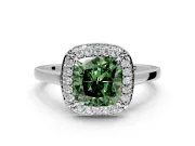 Halo Engagement Ring Setting for Fancy Green Cushion Cut Center with Plain Tapered Band and Prong Head in White Gold