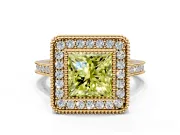 Halo Engagement Ring Setting for Fancy Yellow Princess Cut Center with Milgrain Frame, Pave Band and Prong Head in Yellow Gold