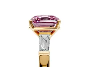 3 Stone Engagement Ring Setting for Fancy Pink Asscher Cut Center with Tapered Baguettes, Plain Band and Prong Head in Yellow Gold