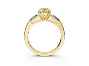 3 Stone Engagement Ring Setting for Fancy Yellow Oval Center with Tapered Baguettes, Plain Band and Prong Head in Yellow Gold