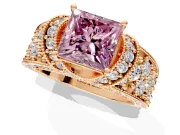 Pave Engagement Ring Setting for Fancy Pink Princess Cut Center with Curved Accent Rows, Openwork and Prong Head in Rose Gold
