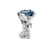Solitaire Engagement Ring Setting for Fancy Blue Heart-Shaped Center with Bar-Station Pave Twist and Prong Head in Platinum