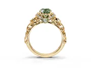 Solitaire Engagement Ring Setting for Fancy Green Oval Center with Filigree Band and Prong Head in Yellow Gold