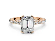 Solitaire Engagement Ring Setting for Emerald Cut Center with Pave Band and Claw Prong Head in Rose Gold