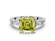 3 Stone Engagement Ring Setting for Fancy Yellow Asscher Cut Center with Tapered Baguettes, Plain Band and Prong Head in White Gold