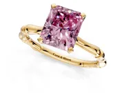 Solitaire Engagement Ring Setting for Fancy Pink Radiant Cut Center with Bamboo Band and Prong Head in Yellow Gold