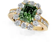 Halo Engagement Ring Setting for Fancy Green Radiant Cut Center with Milgrain Channel Band and Prong Head in Yellow Gold
