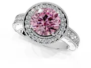 Milgrain Halo Engagement Ring Setting for Fancy Pink Round Cut Center with Pave Band and Prong Head in Platinum