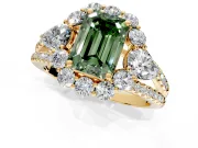 Halo Engagement Ring Setting for Fancy Green Emerald Cut Center with Two-Strand Split Shank and Prong Head in Yellow Gold