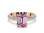 Solitaire Engagement Ring Setting for Fancy Pink Emerald Cut Center with Domed Multi-Row Pave Band and Prong Head in Rose Gold