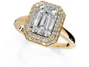 Halo Engagement Ring Setting for Emerald Cut Center with Plain Tapered Band and Prong Head in Yellow Gold