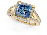Halo Engagement Ring Setting for Fancy Blue Princess Cut Center with Pave Split Shank and Prong Head in Yellow Gold