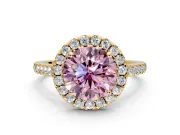 Halo Engagement Ring Setting for Fancy Pink Round Cut Center with Narrowing Pave Band and Prong Head in Yellow Gold