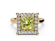 Single Halo Engagement Ring Setting for Fancy Yellow Princess Cut Center with Corner Claws, Plain Band and Prong Head in Yellow Gold