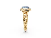 Halo Engagement Ring Setting for Fancy Blue Radiant Cut Center with Open Scroll Shoulders and Prong Head in Yellow Gold