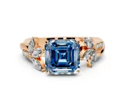 Floral Engagement Ring Setting for Fancy Blue Asscher Cut Center with Trailing Marquise Accents and Prong Head in Rose Gold