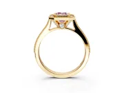 Halo Engagement Ring Setting for Fancy Pink Emerald Cut Center with Milgrain Pave Band and Bezel Head in Yellow Gold