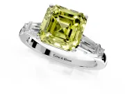 Bar-Set Engagement Ring Setting for Fancy Yellow Asscher Cut Center with Tapered Baguette Accents and Prong Head in Platinum