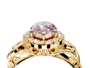 Halo Engagement Ring Setting for Fancy Pink Marquise Center with Open Scroll Shoulders and Prong Head in Yellow Gold