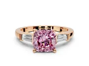 3 Stone Engagement Ring Setting for Fancy Pink Cushion Cut Center with Channel Baguette Accents and Prong Head in Rose Gold