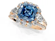 Halo Engagement Ring Setting for Fancy Blue Asscher Cut Center with Two-Strand Split Shank and Prong Head in Rose Gold