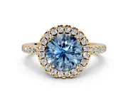 Pave Halo Engagement Ring Setting for Fancy Blue Round Cut Center with Single Row Pave Band and Prong Head in Yellow Gold